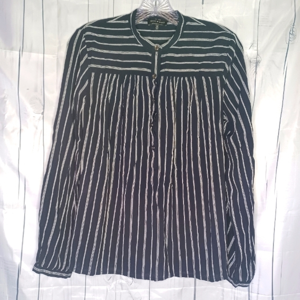 Lucky Brand button-up casual peasant lightweight blue and white striped top